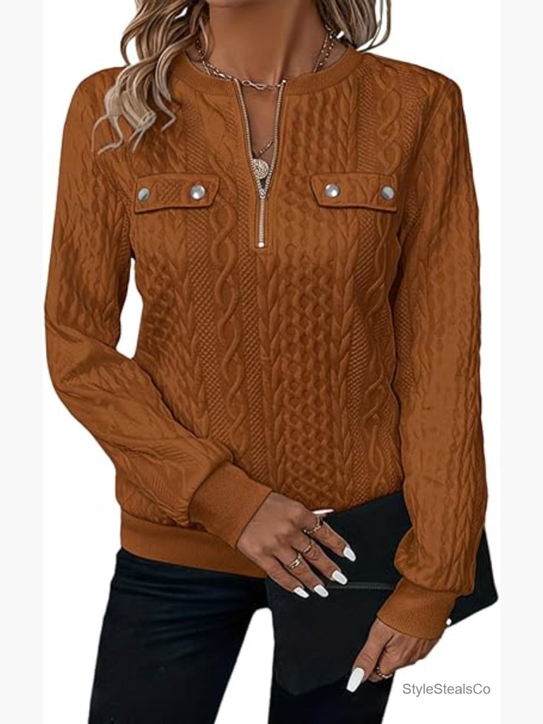 Crew Neck Long Sleeve Quarter Zip Quilted Pullover Lightweight Textured Fall Top